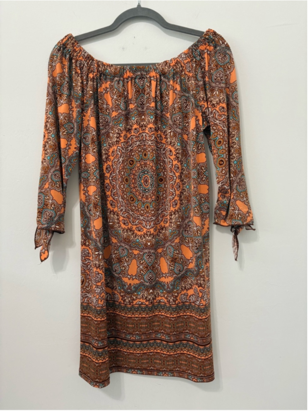 Tacera Off Shoulder Paisley Medallion Dress Sz S Peach Boho EUC - Picture 2 of 11